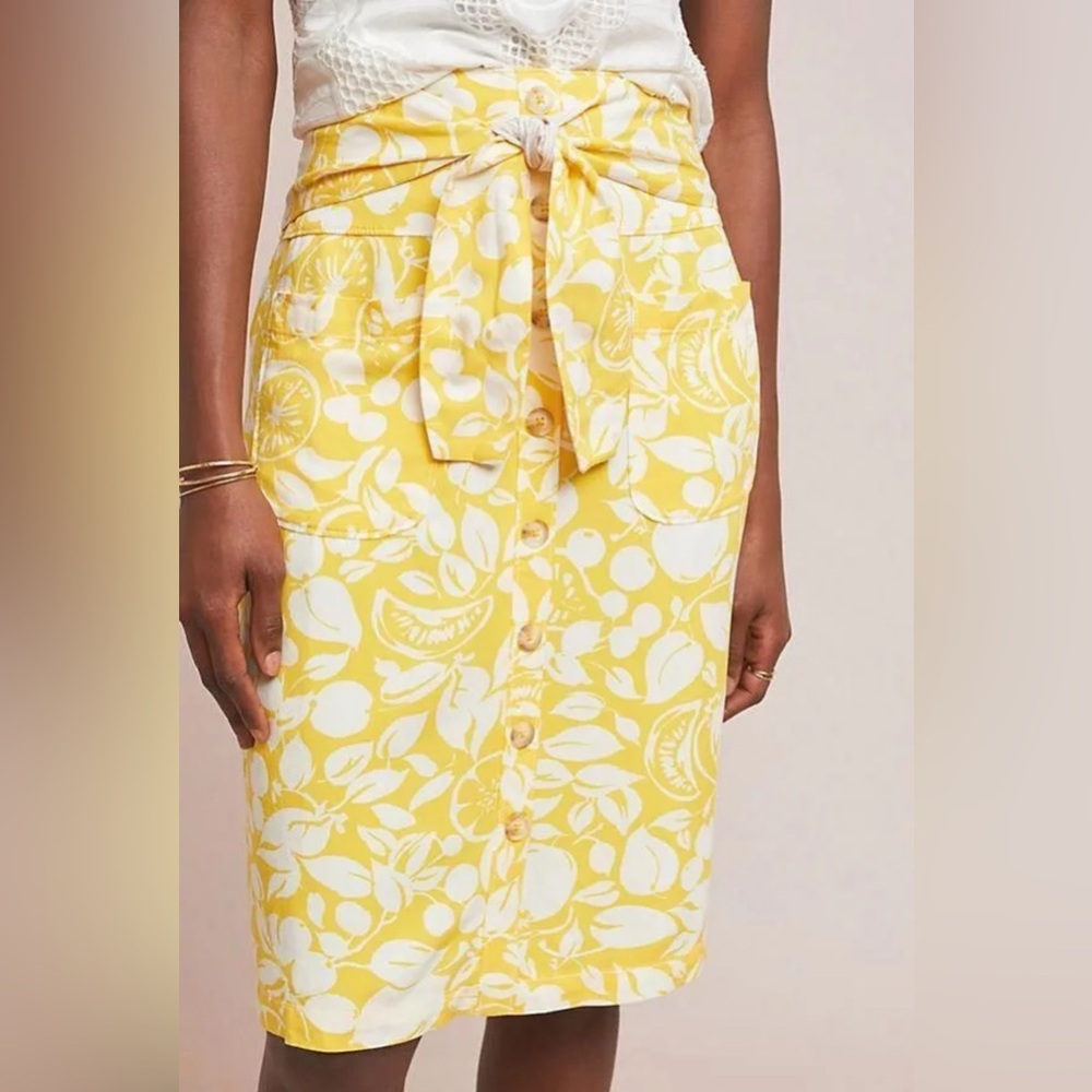Anthropologie Conversations Pencil Skirt Yellow Colloquial Button-Front Linen 4